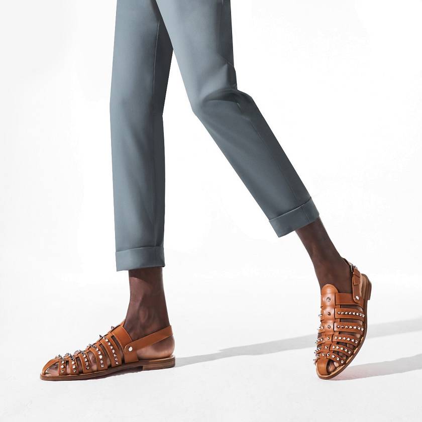 Men's Christian Louboutin Meloubiclou Calf Flat Sandals - Brown/Silver [4930-678]